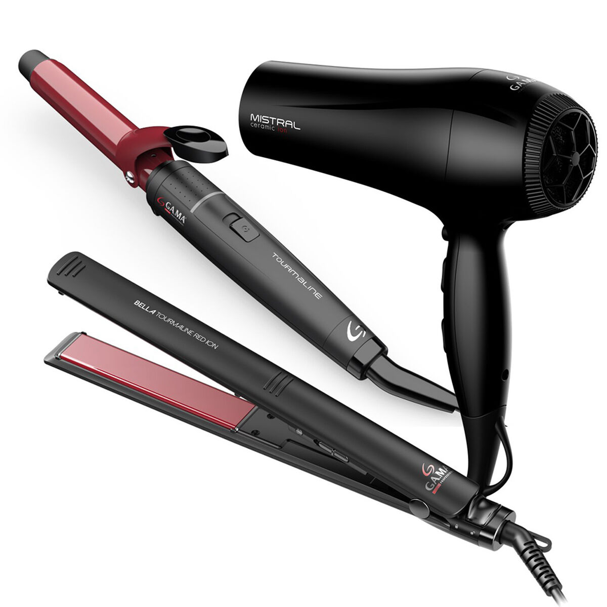 Combo Secador de Pelo Gama Mistral STD + Alisador Gama Elegance Bella STD + Ondulador Gama Turmalina 19 mm.