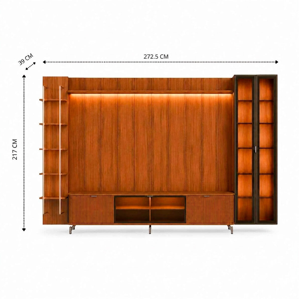 Rack TV 75" + Panel Neon Float LED + Vitrina 2 Puertas + Repisas Decocasa Canela
