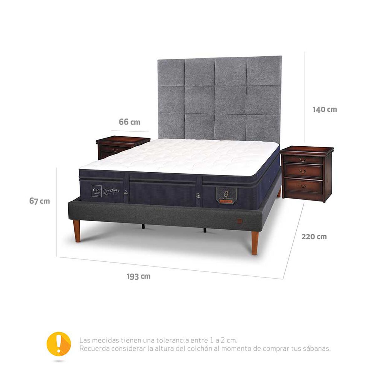 Cama Europea CIC King S&uacute;per Premium + Respaldo + Veladores