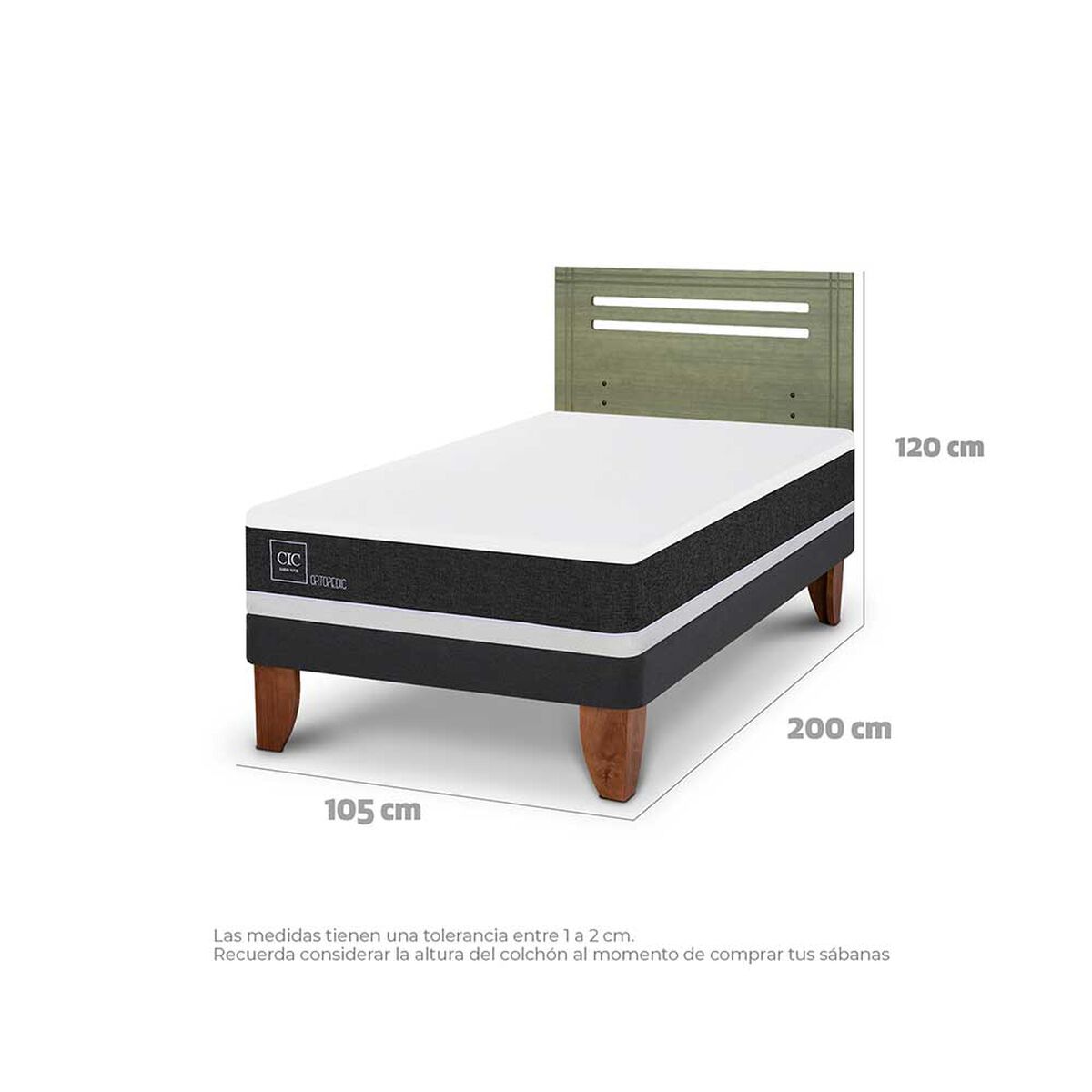 Cama Europea CIC 1,5 Plazas Ortopedic + Respaldo Munich Olivo