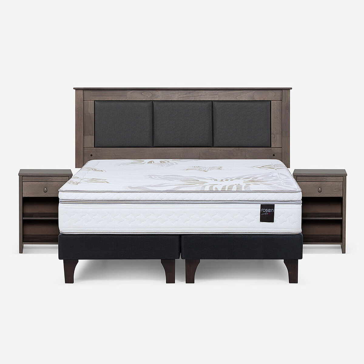 Cama Europea Rosen 2 Plazas Art 4 + Respaldo + Velador Rachel Gris