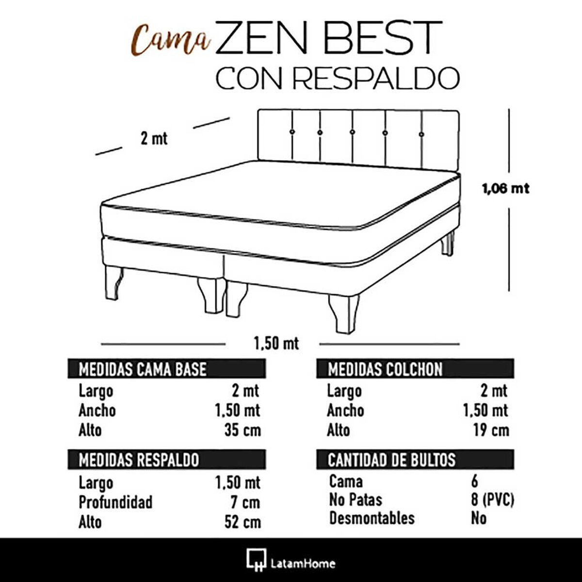 Cama Europea Latam Home Base Dividida 2 Plazas Zen Best Gris + Respaldo Flotante