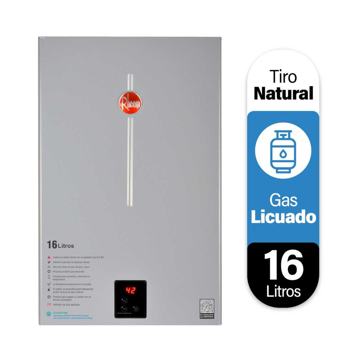 Calefont 16 litros Gas licuado Tiro natural Rheem