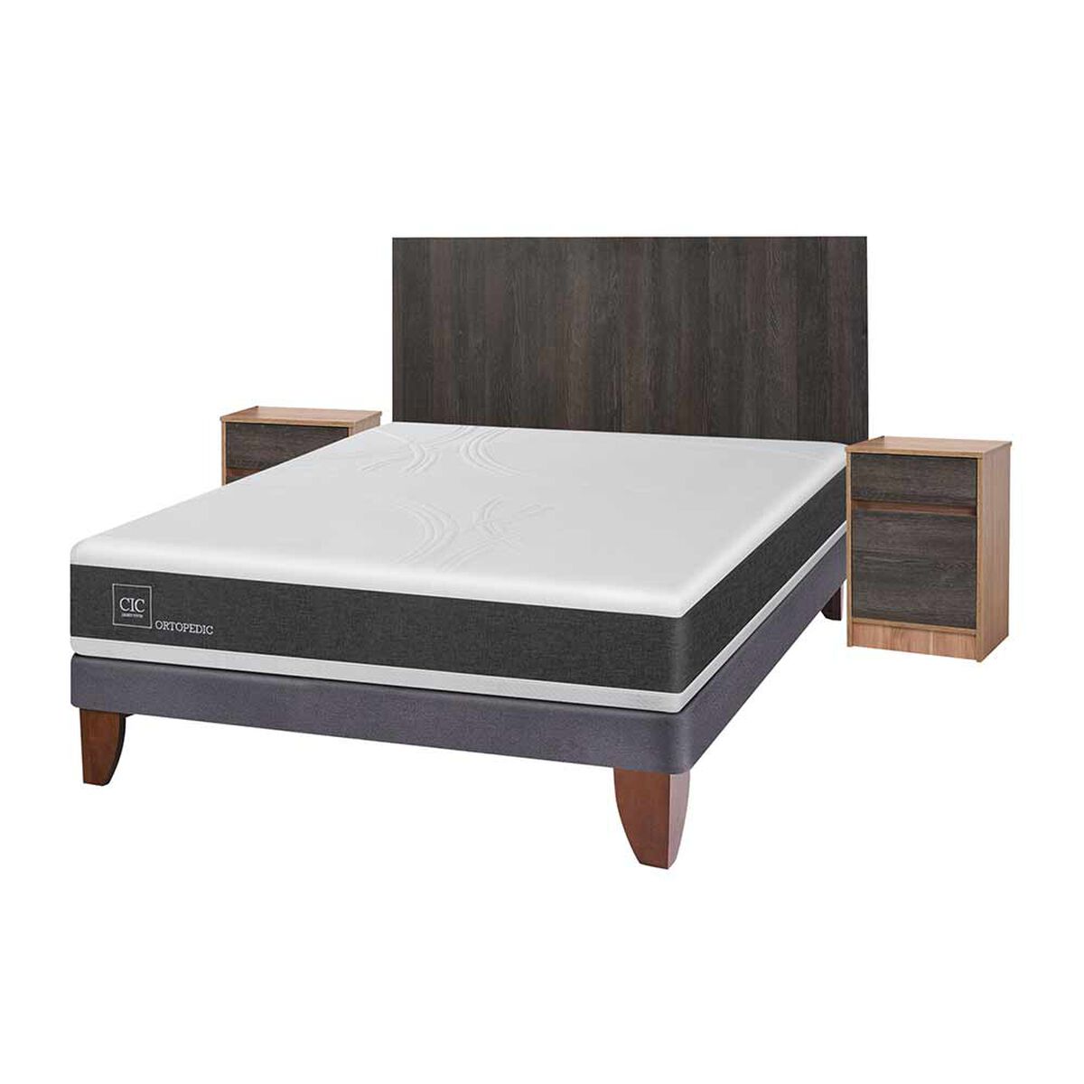 Cama Europea CIC 2 Plazas Ortopedic + Respaldo + 2 Veladores