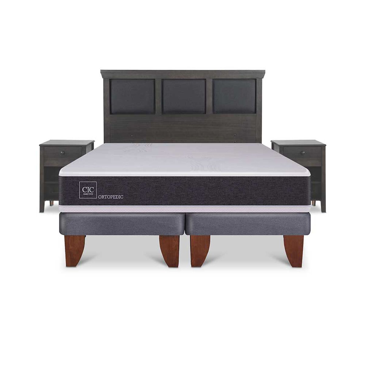 Cama Europea CIC Base Dividida King Ortopedic + Respaldo + 2 Veladores Torino