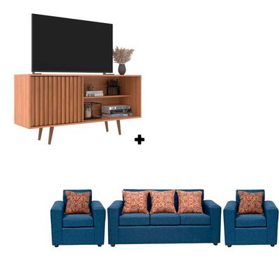 Rack Almore Paris Freijo y Azul Hasta 55" + Juego de Living 3-1-1