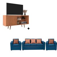 Rack Almore Paris Freijo y Azul Hasta 55"" + Juego de Living 3-1-1