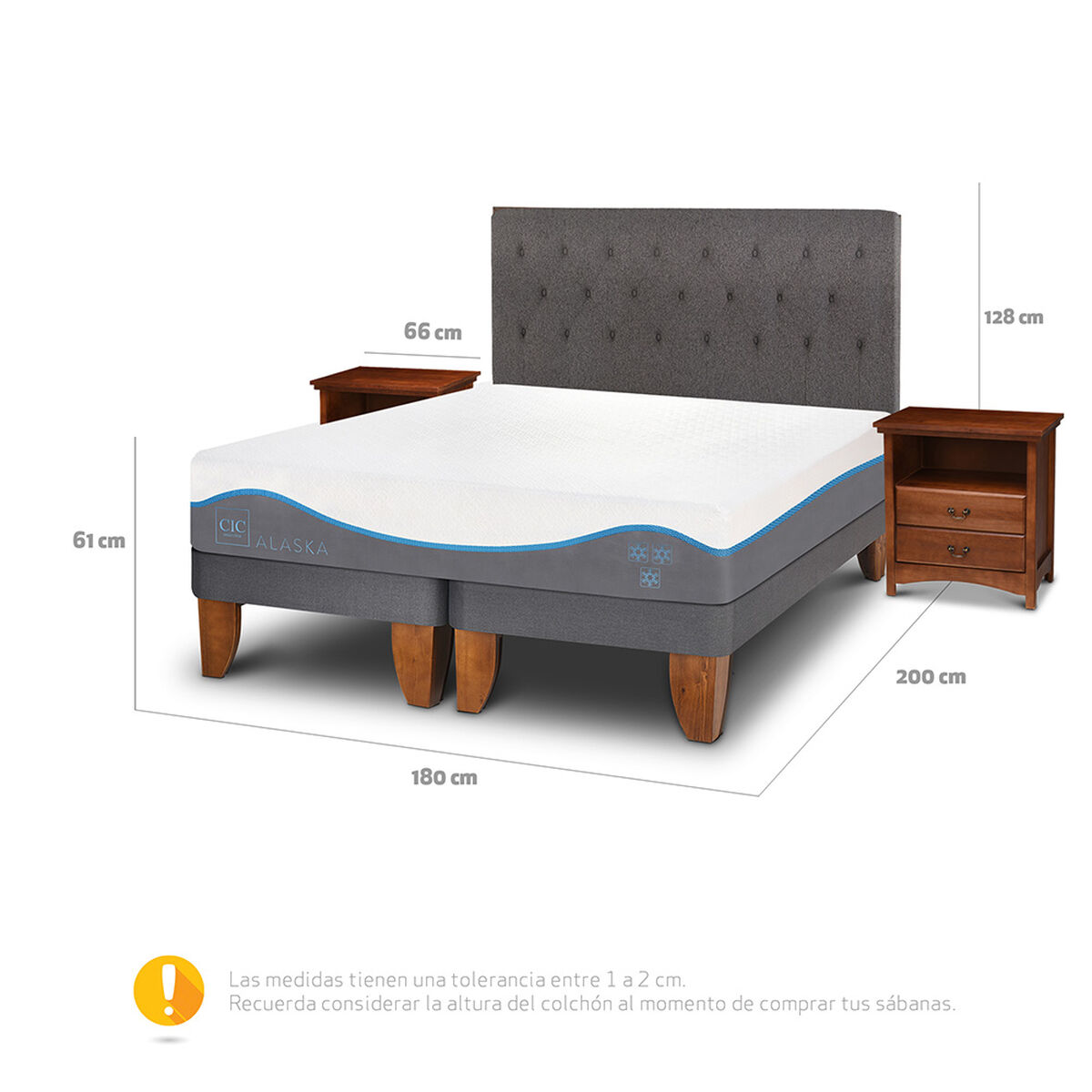 Cama Europea CIC Base Dividida King Alaska + Respaldo + 2 Veladores
