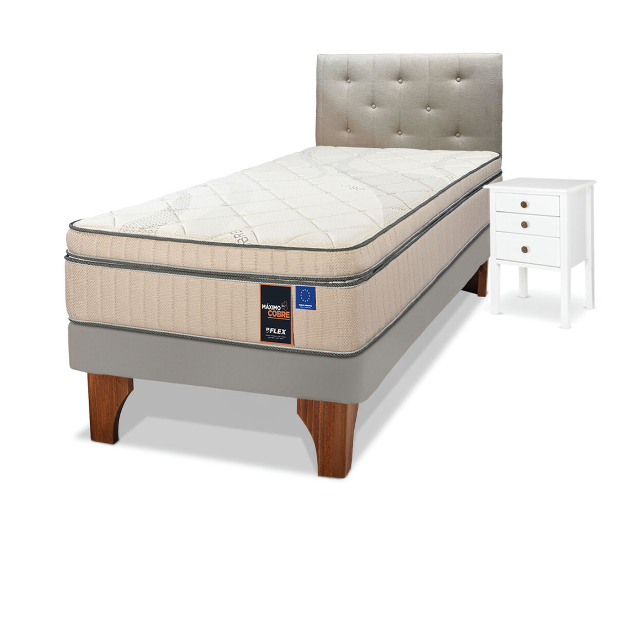 Cama Europea Arena M&aacute;ximo Cobre 1.5 Plazas + Respaldo Almendra + Velador Roma