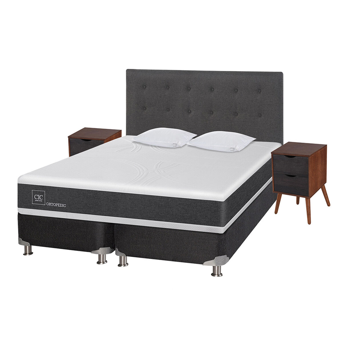 Box Spring CIC 2 plazas New Ortopedic + Respaldo + Velador + Almohada Eufrates