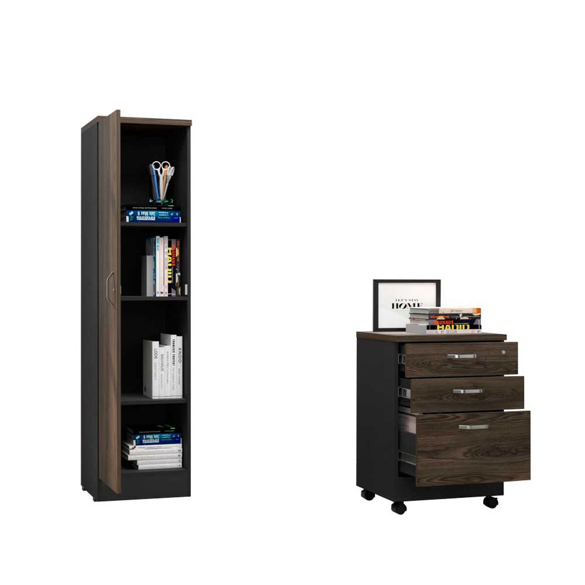 Combo Archivador 3 Cajones + Biblioteca 1 Puerta TuHome Home Office Negro Soft-Co&ntilde;ac