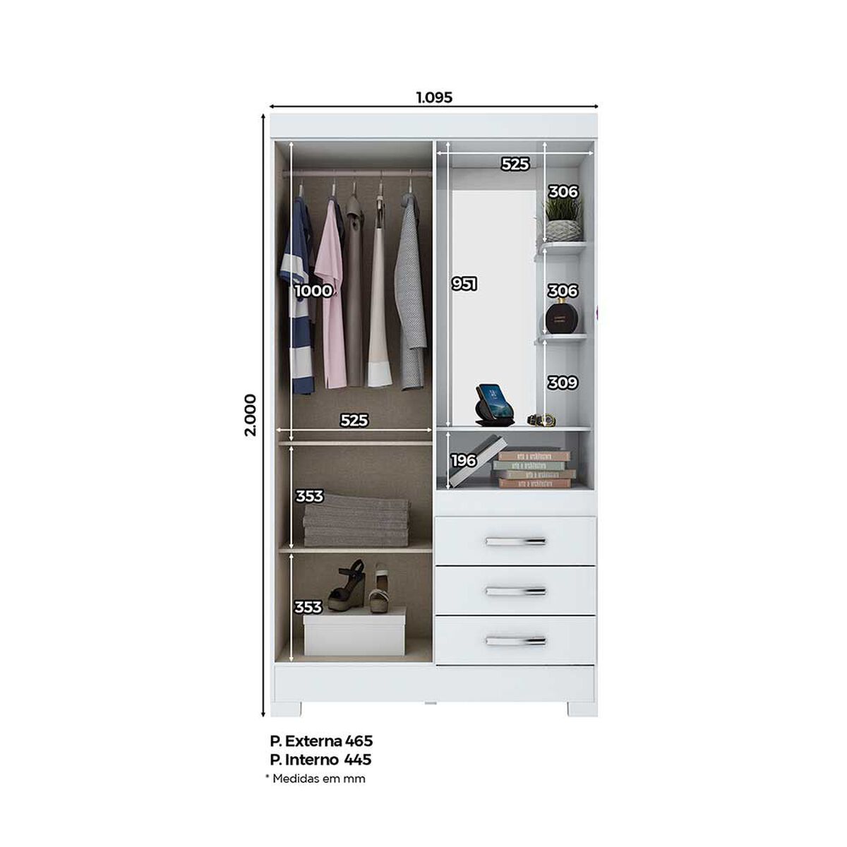 Clóset Home Mobili Titan 2 Puertas 3 Cajones Blanco Rosa