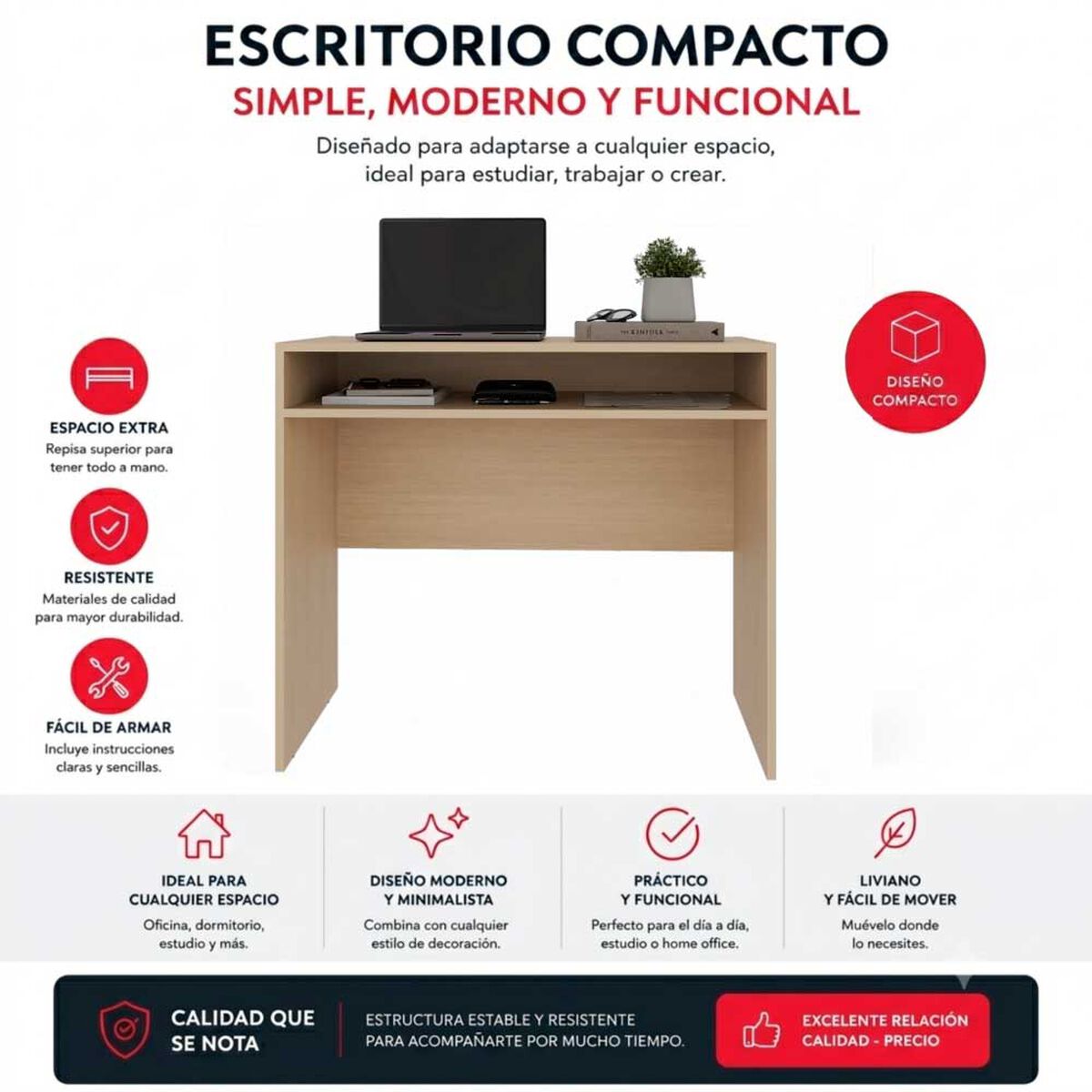 Combo Oficina Escritorio Cartagena + Silla New York Negra y Roja Arthome