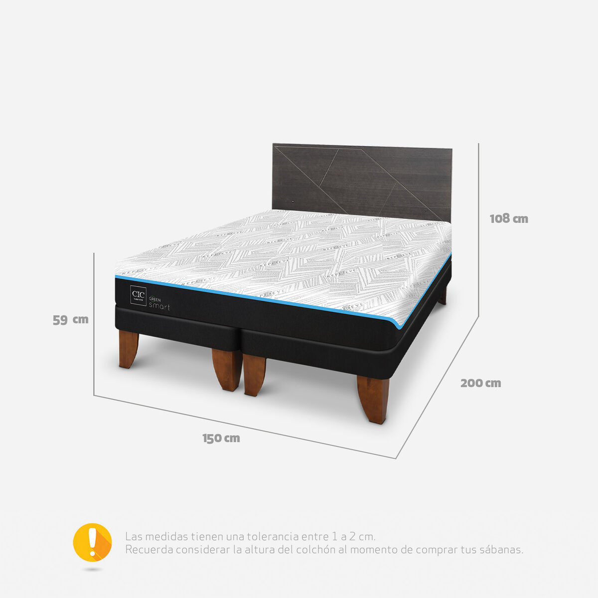 Cama Europea CIC Green Infinity 2 Plazas + 1 Respaldo Villarrica Gris