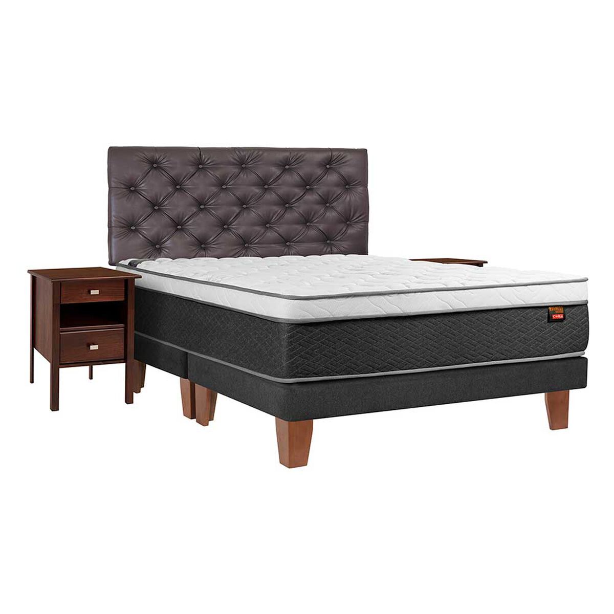 Cama Europea Celta Base Dividida King Everest + Respaldo + 2 Veladores Capitoné