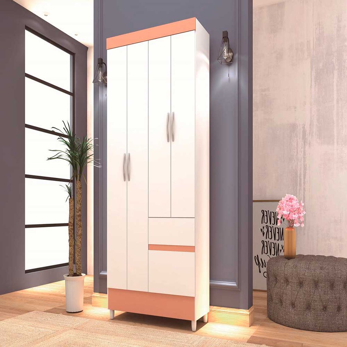 Clóset Kea Ideal 4 Puertas 2 Cajones Blanco y Rosa