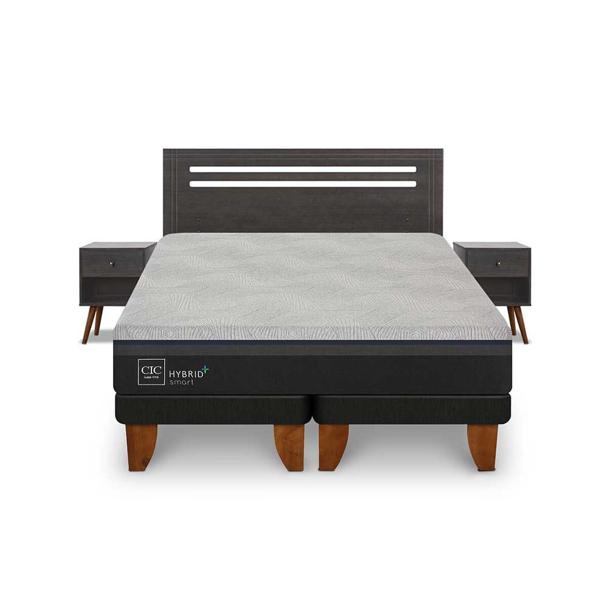 Cama Europea CIC Base Dividida 2 Plazas Hybrid Plus Infinity + Respaldo + 2 Veladores Munich