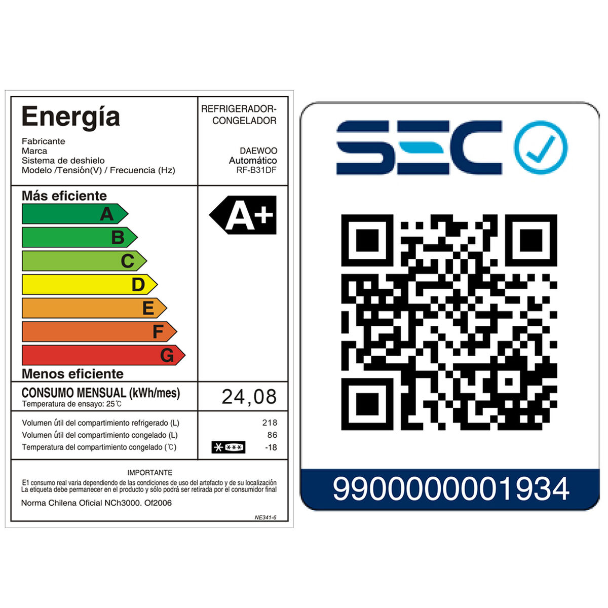 Refrigerador No Frost Daewoo RF B31DF 304 lt