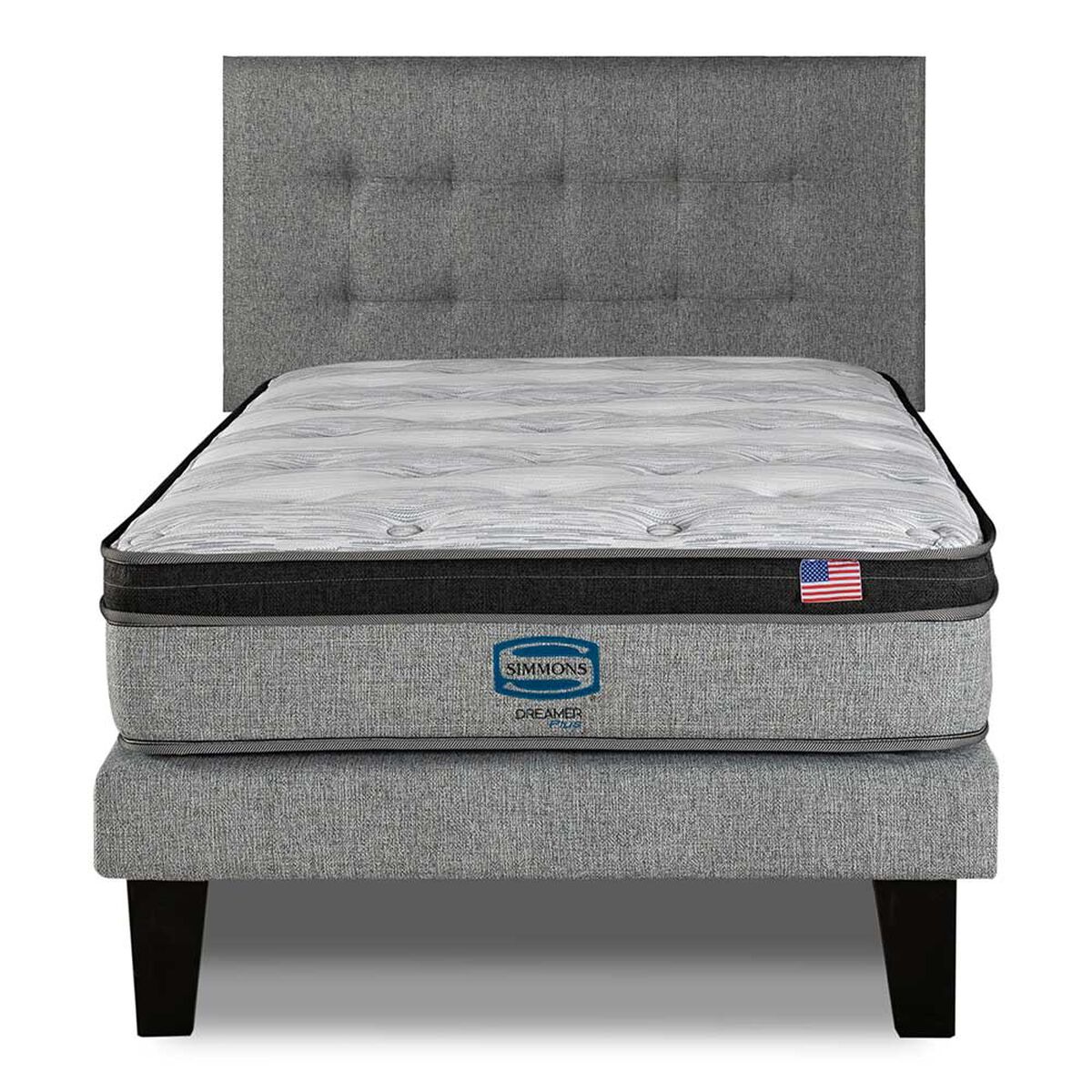 Cama Europea Simmons 1,5 Plazas Dreamer Plazasus Box + Respaldo Urban Gris