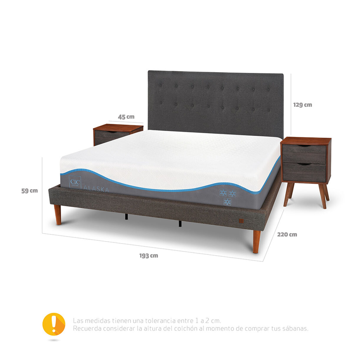 Cama Europea CIC King Alaska + Respaldo + 2 Veladores