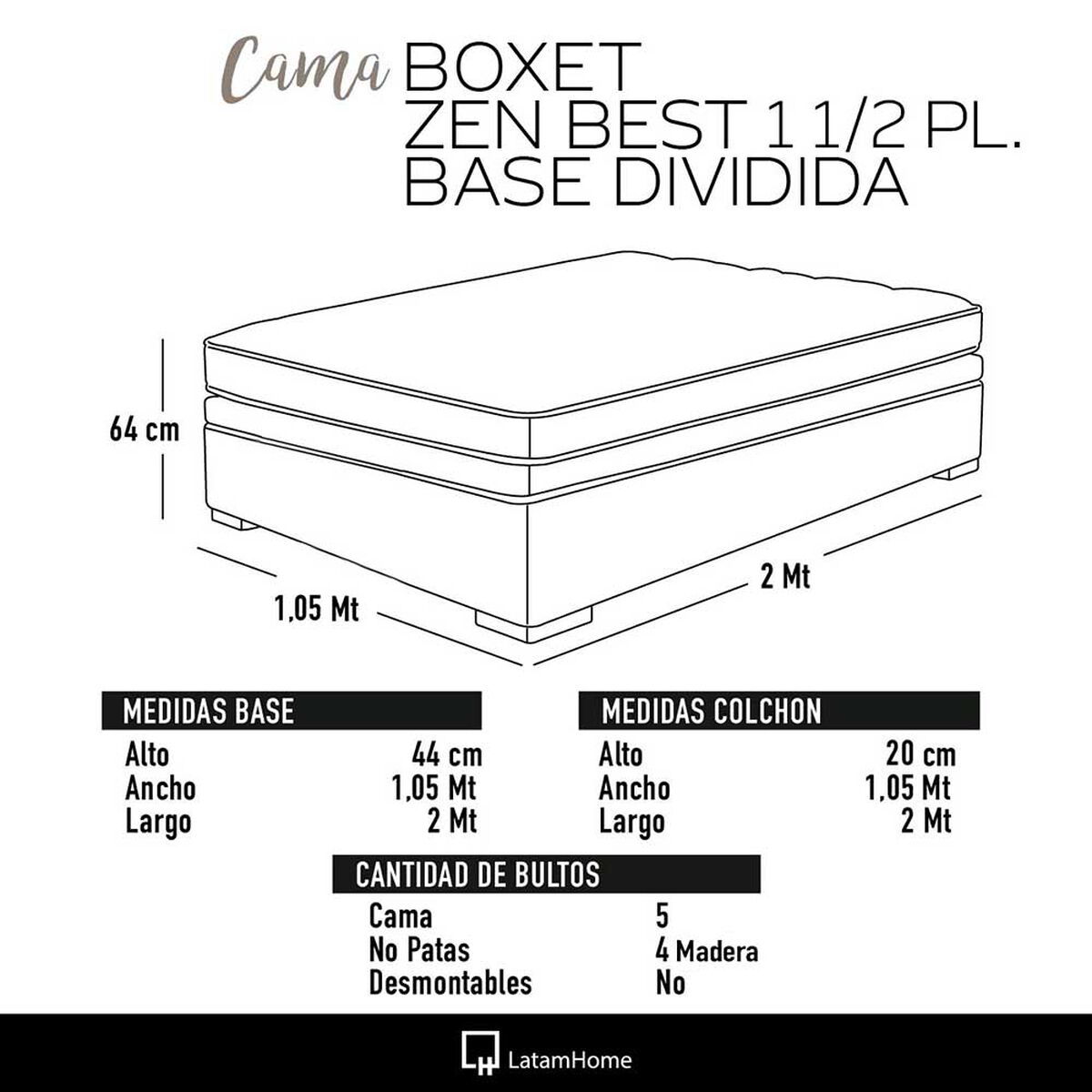 Cama Boxet Latam Home 1.5 Plazas + Colch&oacute;n Resortes Zen Pro Funda Lavable Gris
