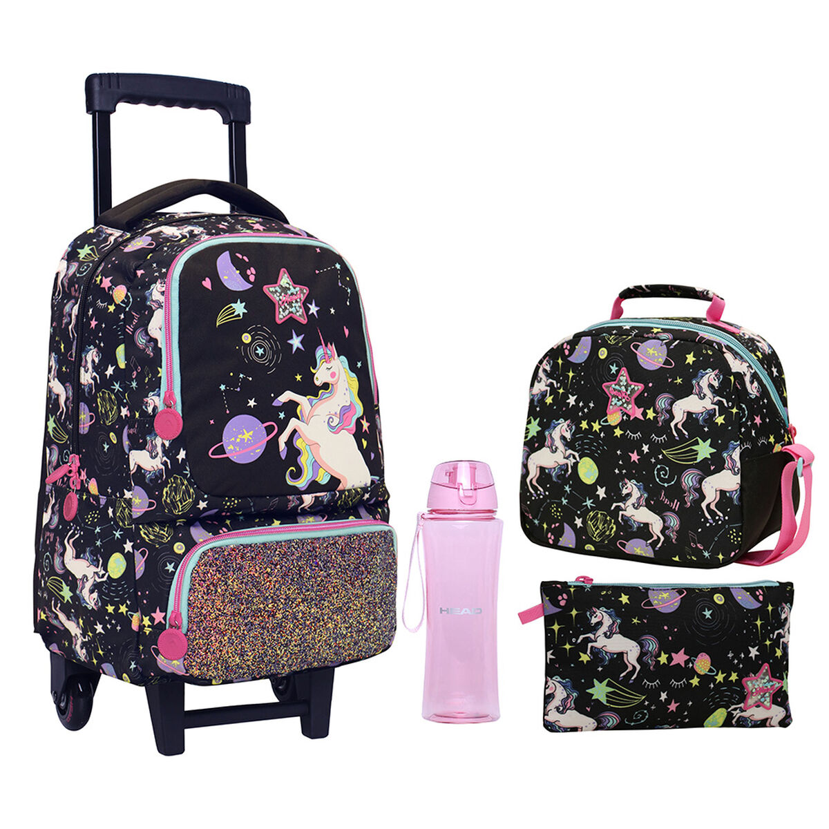 Pack Mochila con Ruedas + Lonchera + Estuche + Botella Bakan Head