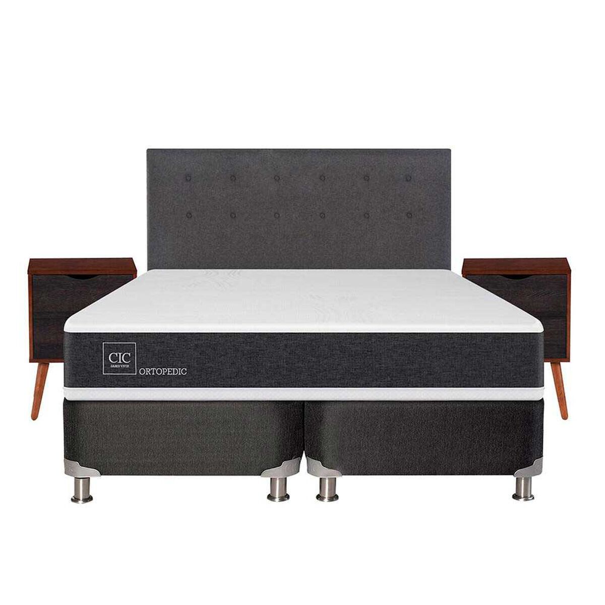 Box Spring CIC 2 plazas New Ortopedic + Respaldo + velador Eufrates