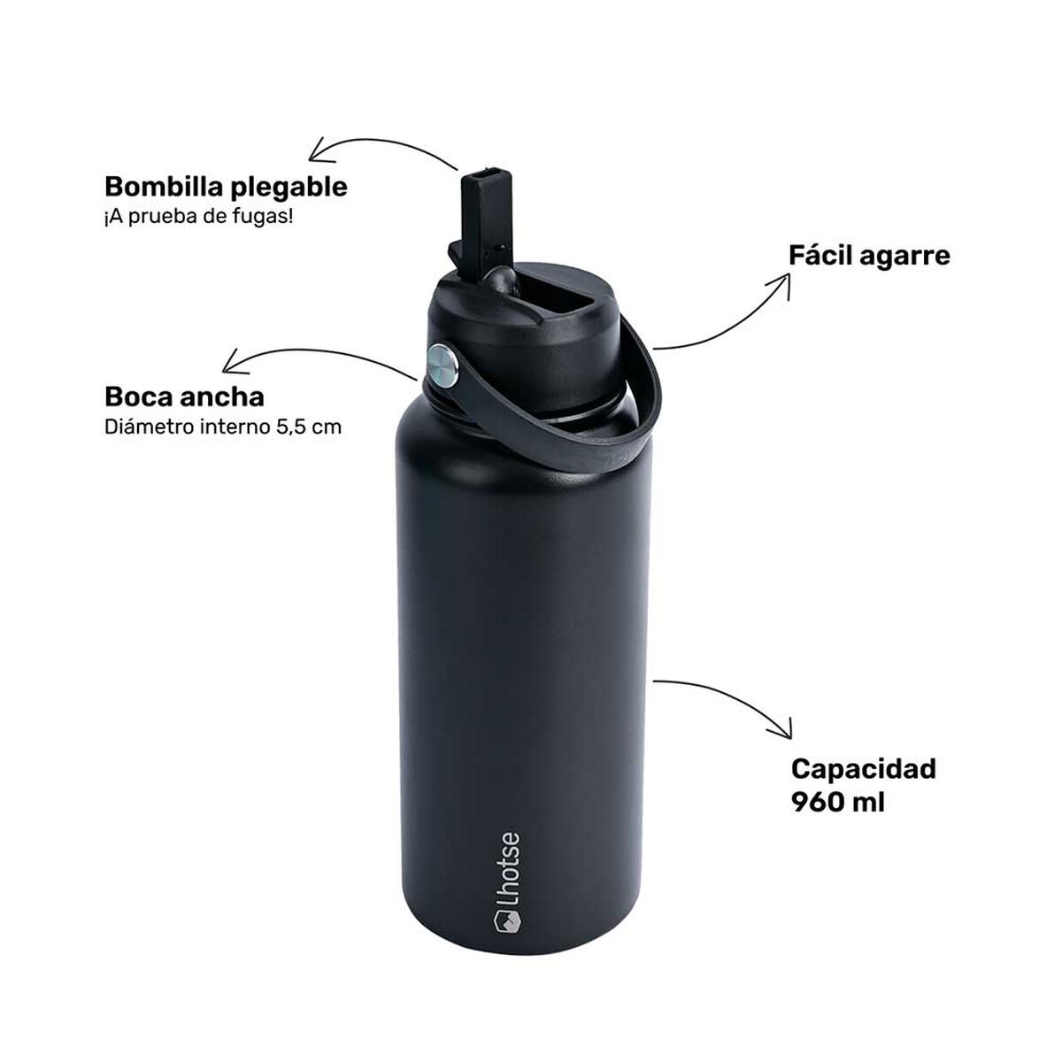 Botella Térmica Insulada Hydro 960ml Negro Lhotse