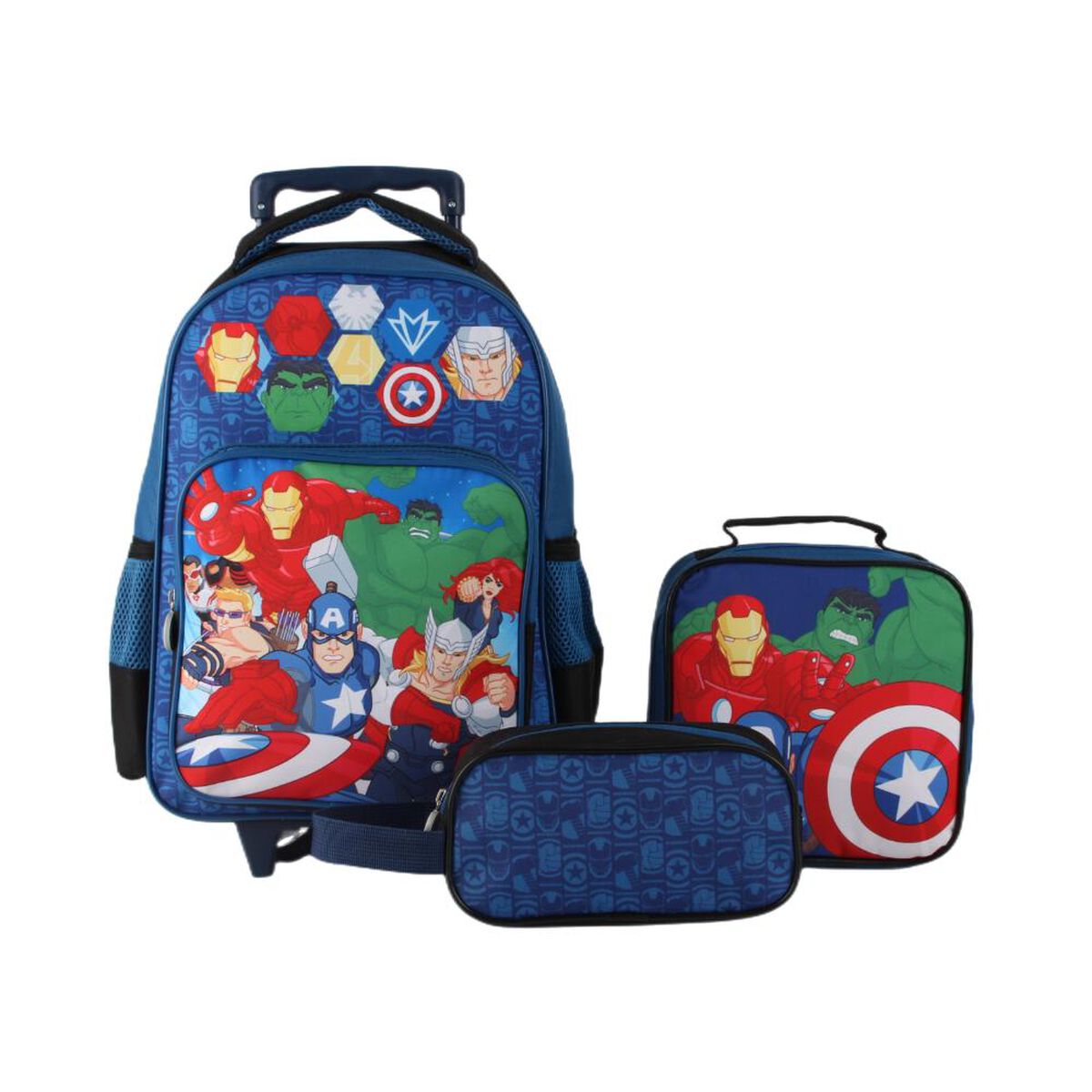 Pack 3 Piezas Mochila con Ruedas, Lonchera y Estuche Avengers