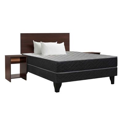 Cama Europea Celta 2 Plazas Atlantis Black + Respaldo + 2 Veladores Castilla + 2 Almohadas