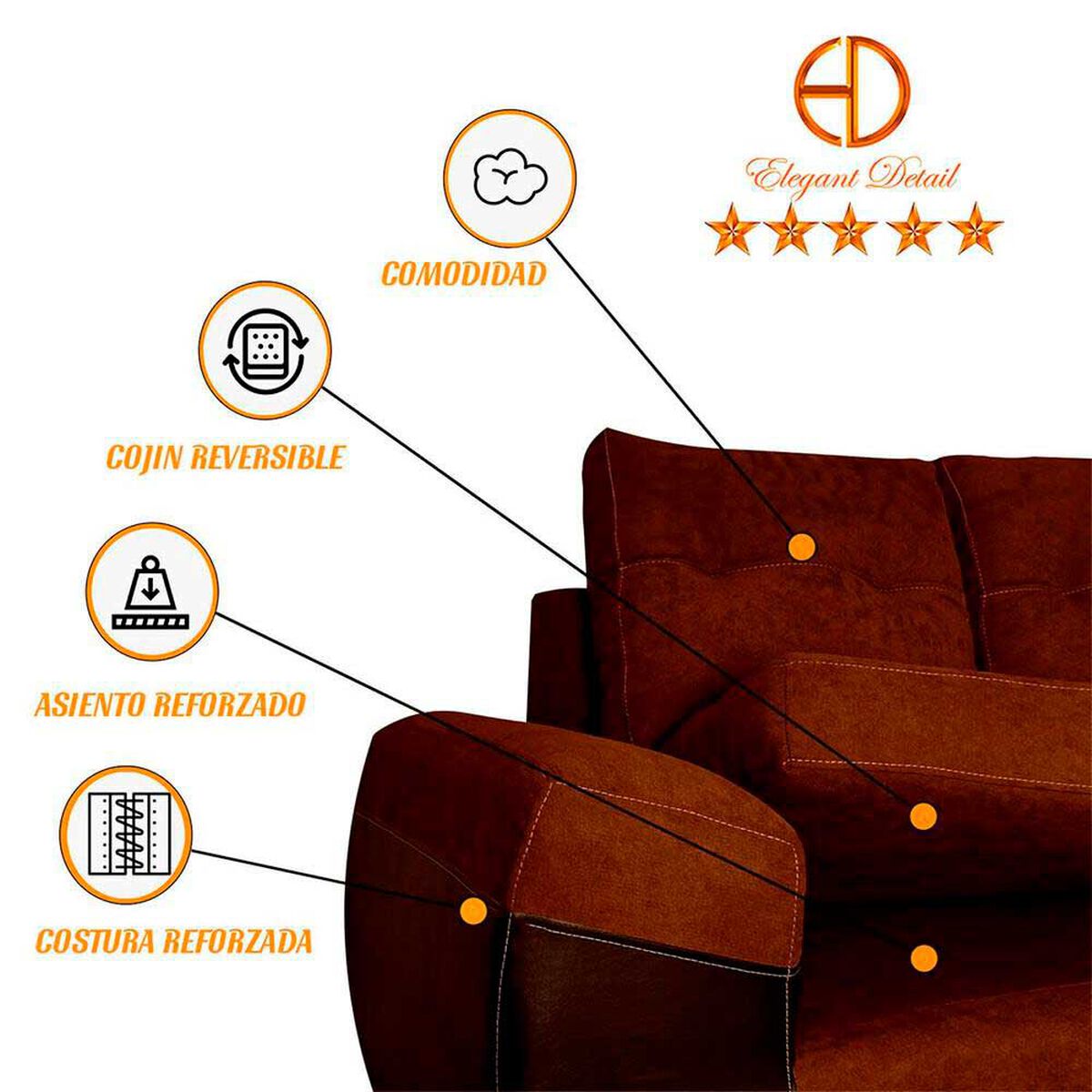 Seccional Derecho Elegant Houston Cheise Tela/PU 5 Cuerpos Caf&eacute;