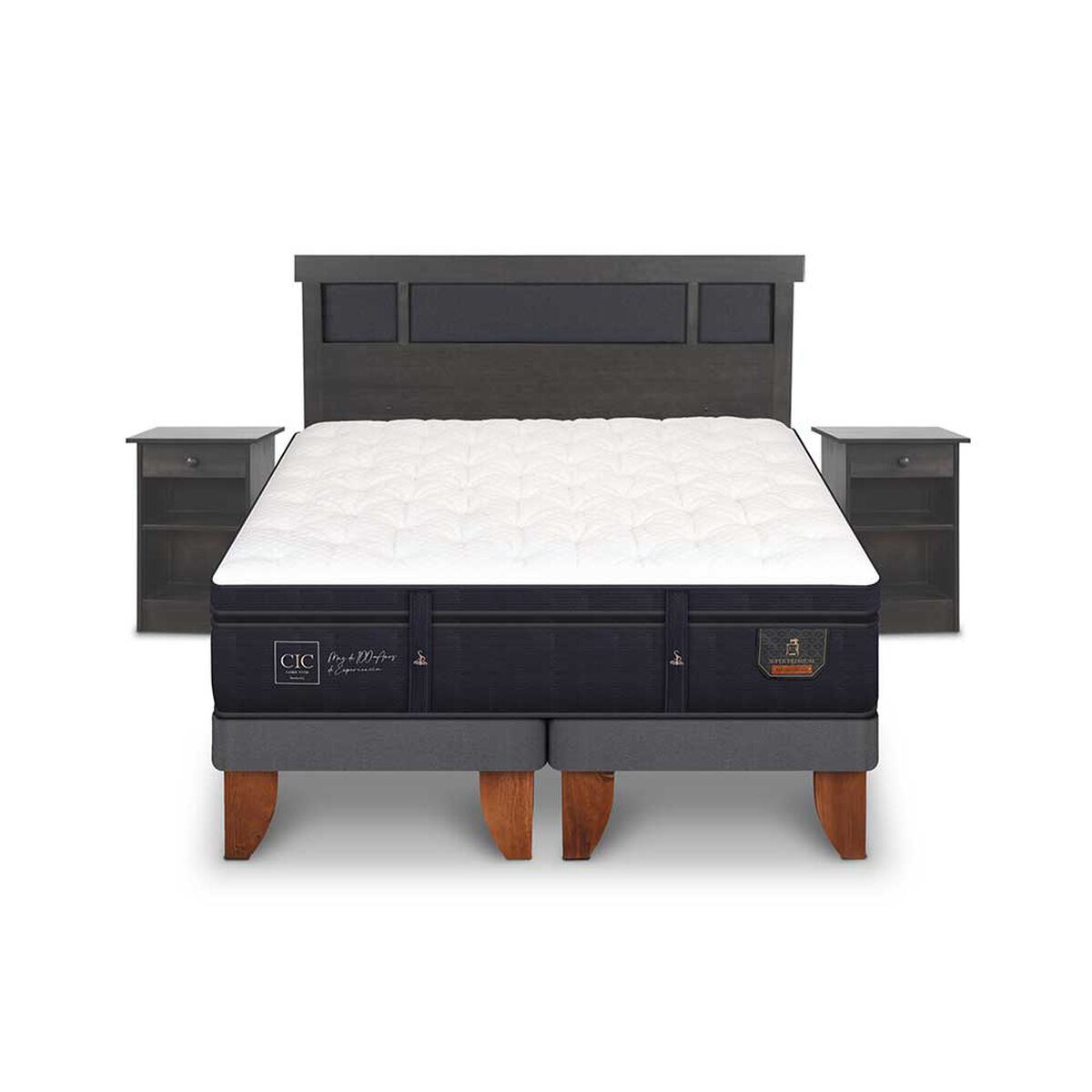 Cama Europea CIC Base Normal King S&uacute;per Premium + Respaldo + 2 Veladores Dublin
