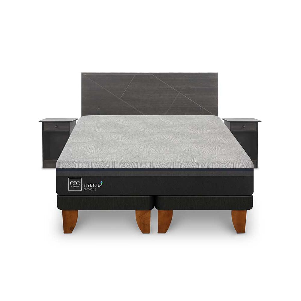Cama Europea CIC Base Dividida 2 Plazas Hybrid Plus Infinity + Respaldo + 2 Veladores Villarrica