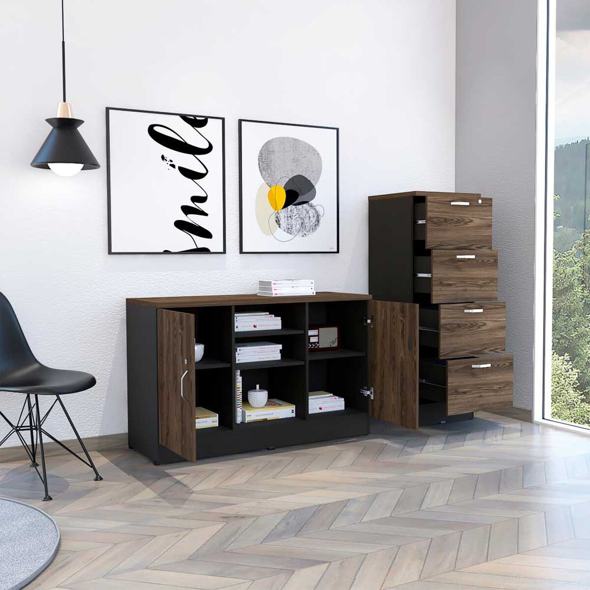 Combo Archivador 4 Cajones + Gabinete 2 Puertas TuHome Home Office Negro Soft-Co&ntilde;ac