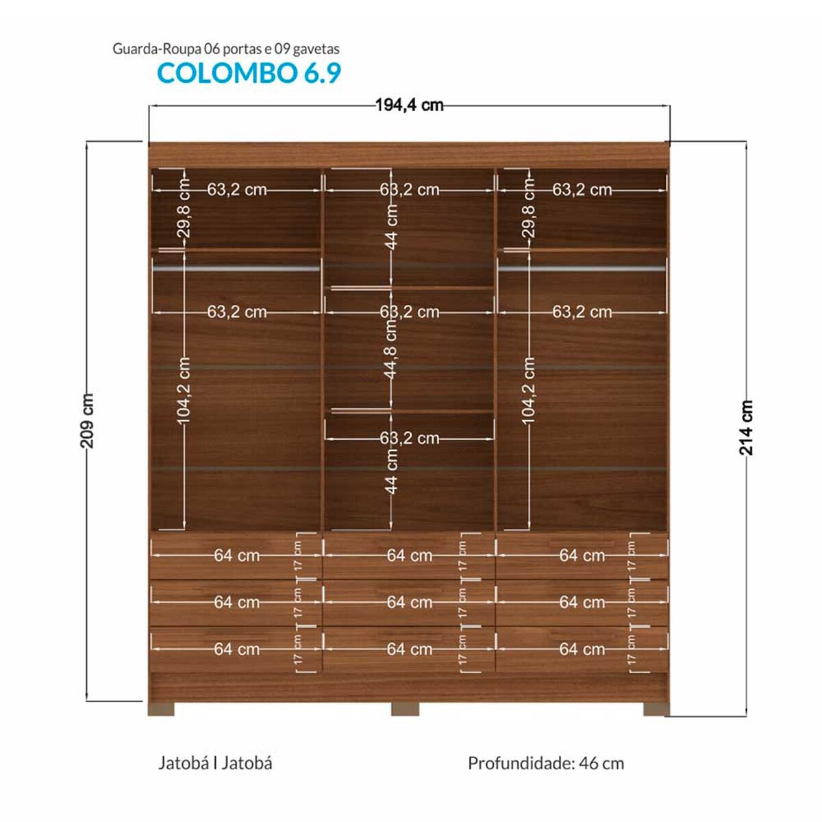 Clóset Onessta Colombo 6 Puertas 9 Cajones Grafito