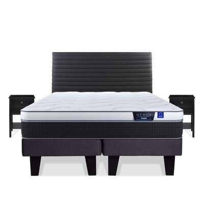 Cama Europea Flex King Nexus Base Dividida + Respaldo Modern Grafito + Velador Rover