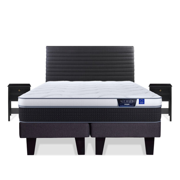 Cama Europea Flex King Nexus Base Dividida + Respaldo Modern Grafito + Velador Rover