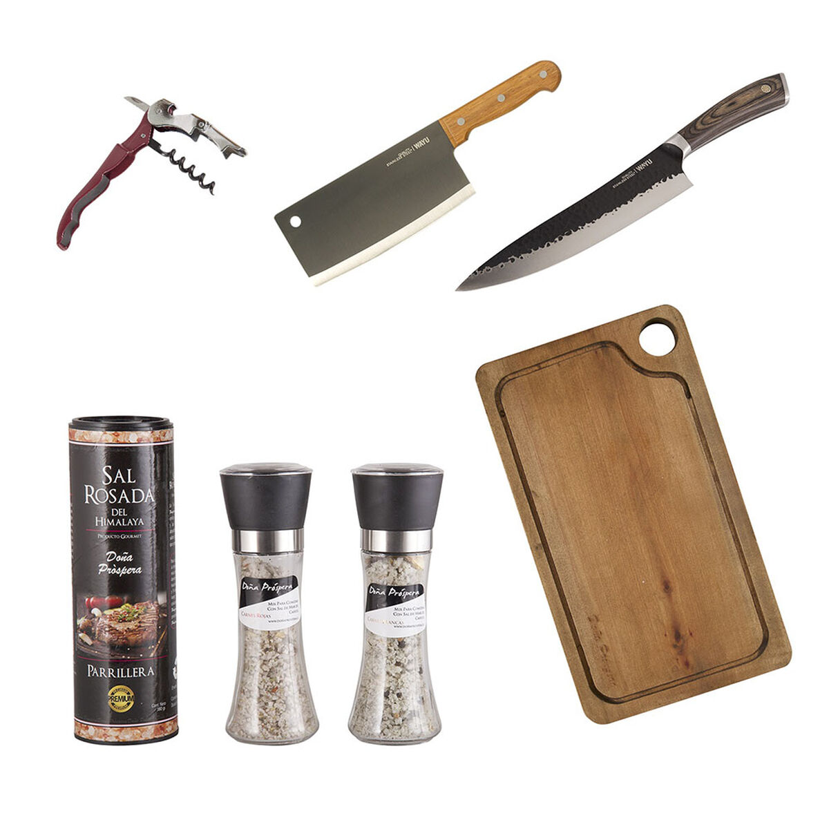 Set Parrillero Wayu Tabla + Cuchillo + Hacha + Sacacorchos Manual + Mix de Sales