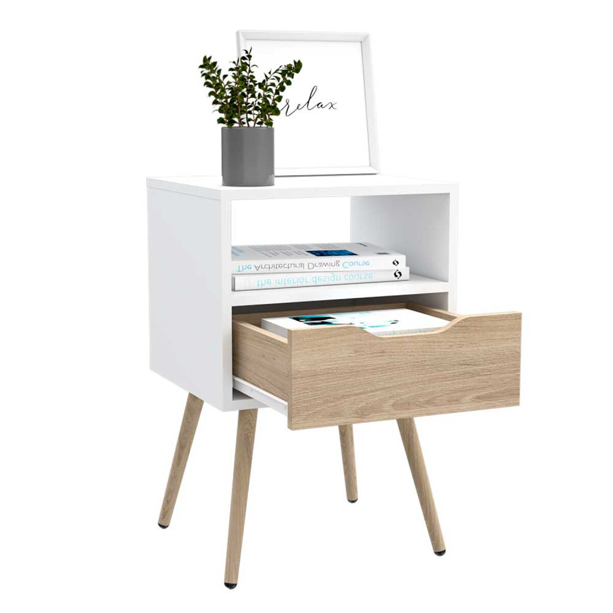 Velador TuHome Otom 1 Cajones Blanco y Rovere