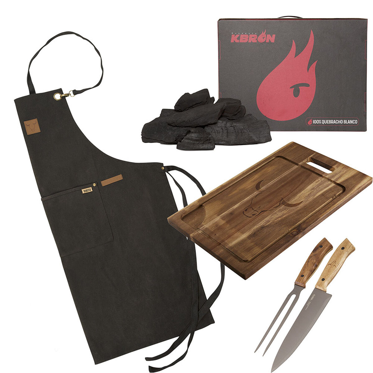 Set Parrillero Wayu Carbón + Tabla + Cuchillo + Trinchero + Delantal
