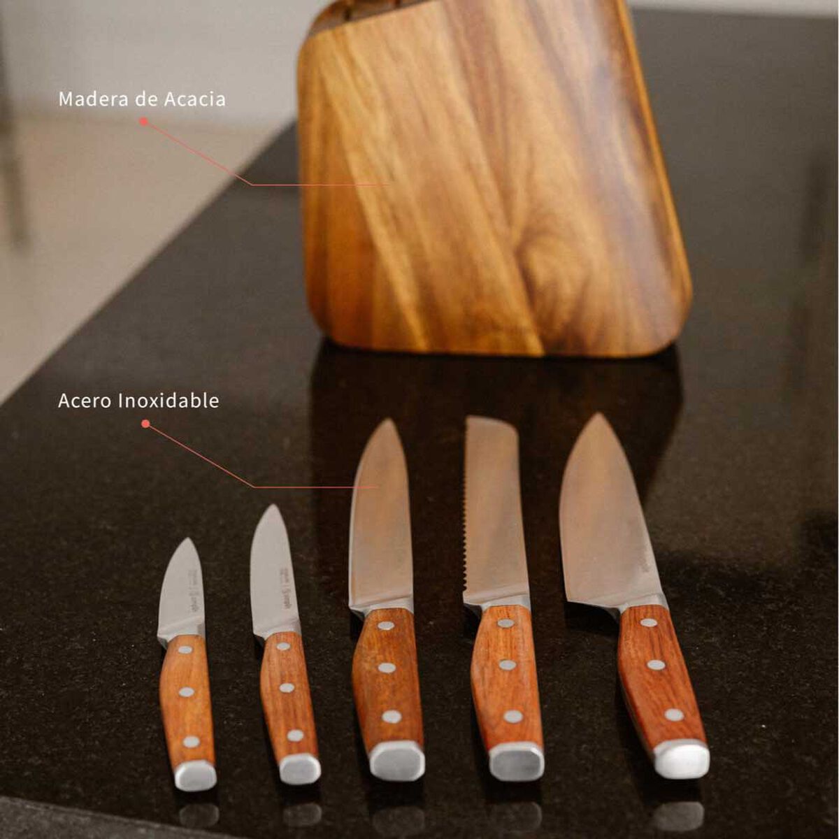 Set 5 Cuchillos Simplit Holz Acero Inoxidable + Taco Café
