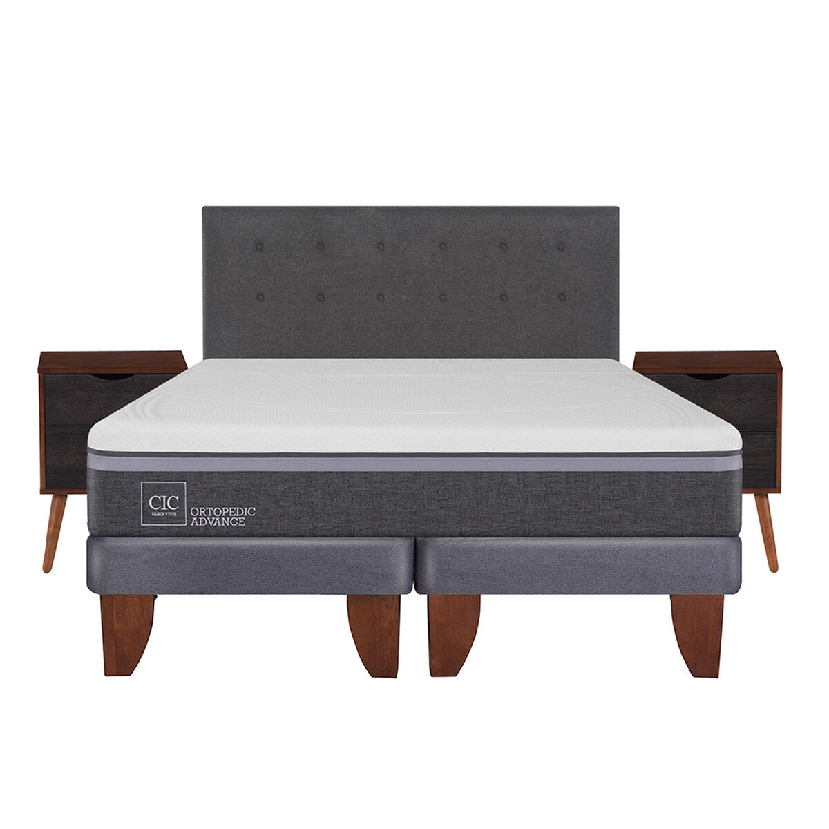 Cama Europea CIC 2 Plazas  Ortopedic Advance + Respaldo + 2 Veladores Eufrates