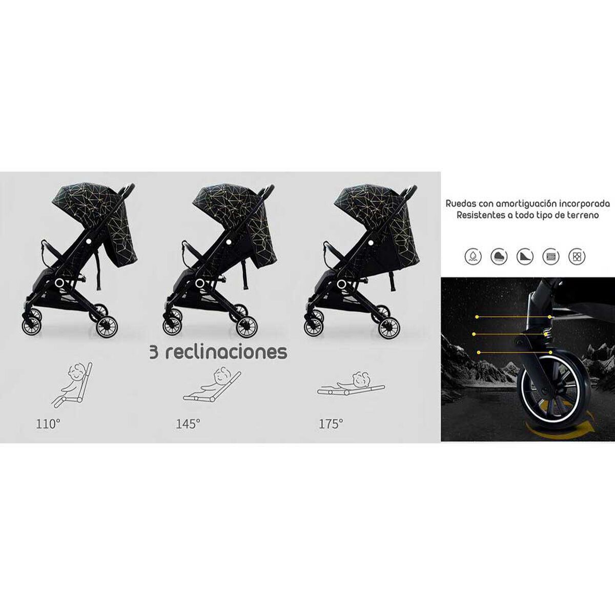 Coche de Paseo Últra Compacto con Accesorios Lubabycas Negro