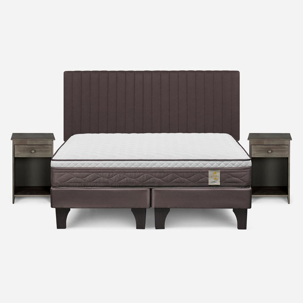 Cama Europea Rosen 2 Plazas New Style 4 + Respaldo + 2 Veladores Caf&eacute;