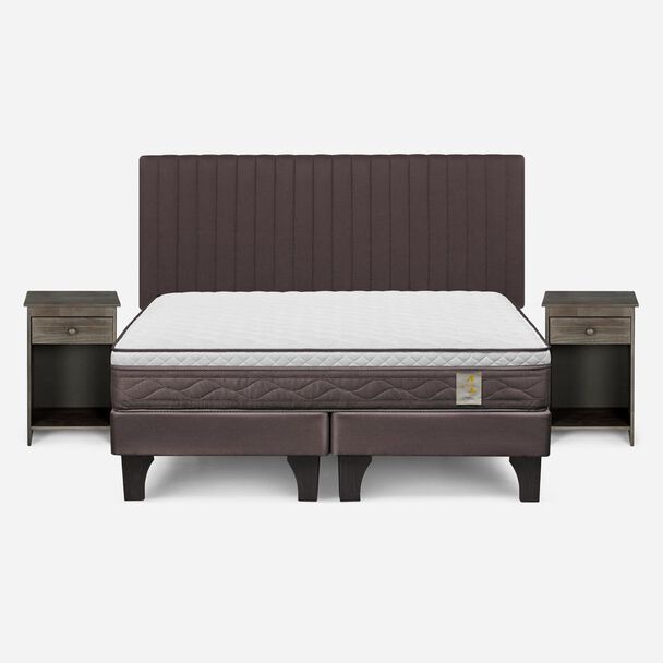 Cama Europea Rosen 2 Plazas New Style 4 + Respaldo + 2 Veladores Café