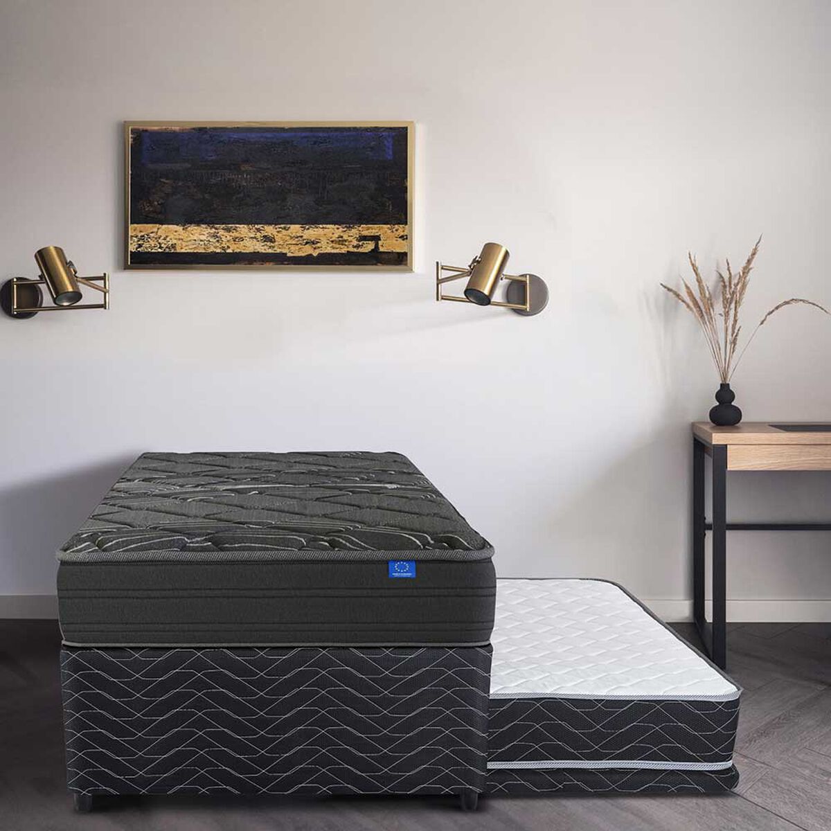 Cama Nido Flex 1,5 Plazas Black + Respaldo +  Velador Asturias