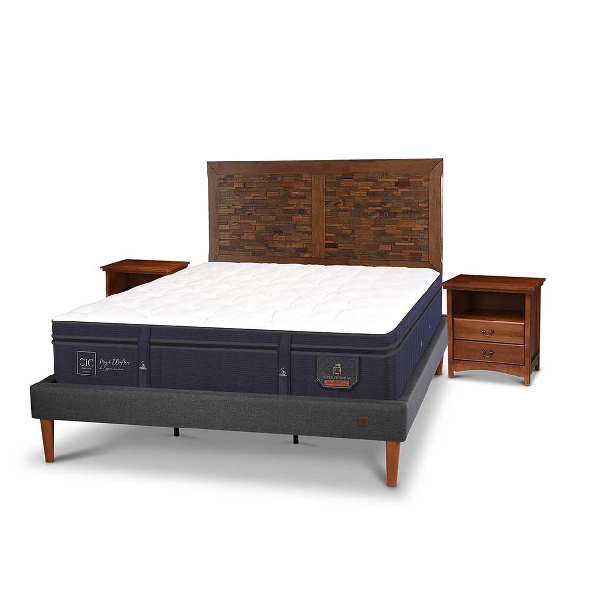Cama Europea CIC King Súper Premium + Respaldo + 2 Veladores Antique