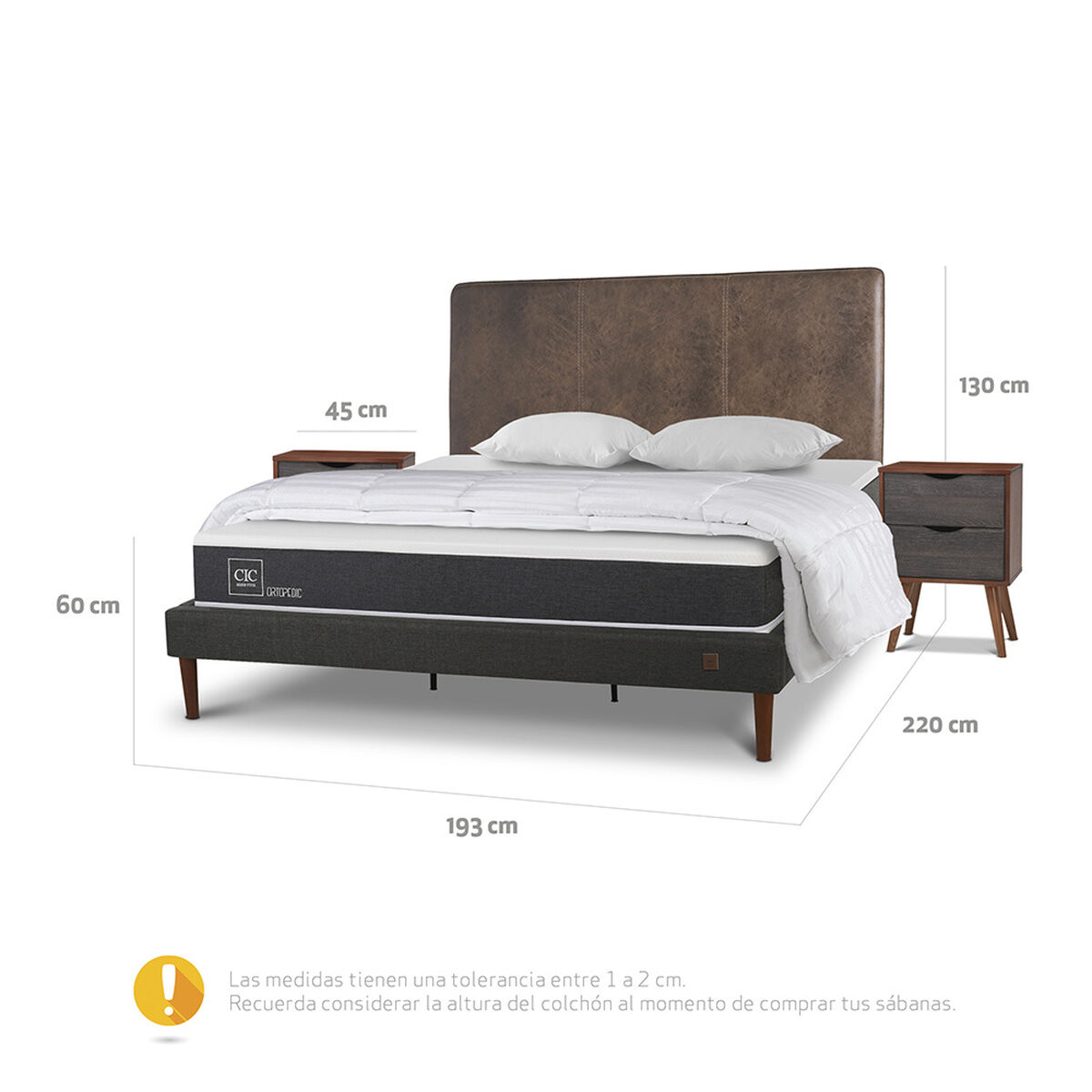 Cama Europea CIC King New Ortopedic + Respaldo Baker + 2 Veladores + Almohadas + Plum&oacute;n