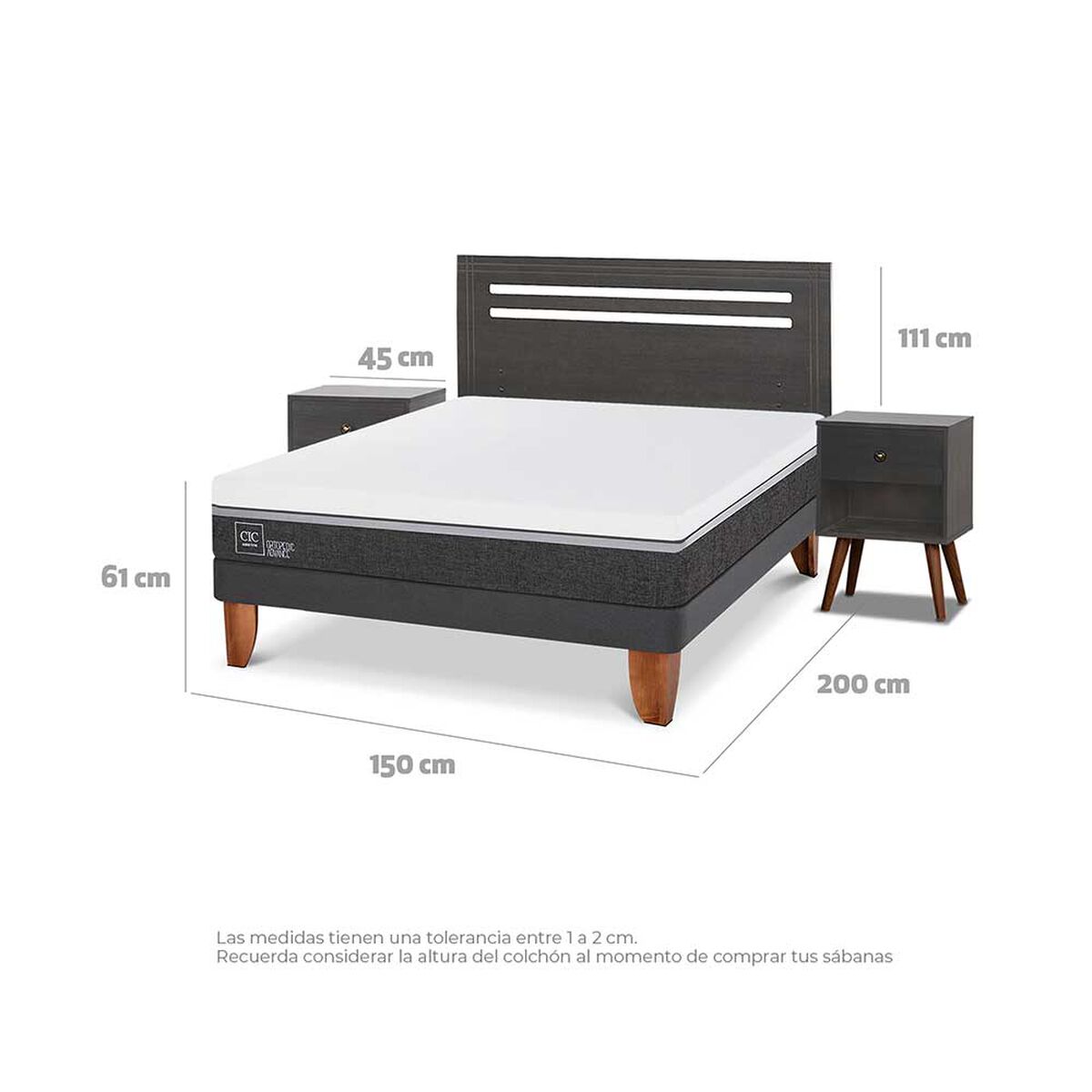 Cama Europea CIC 2 Plazas Ortopedic Advance + Respaldo + 2 Veladores Munich