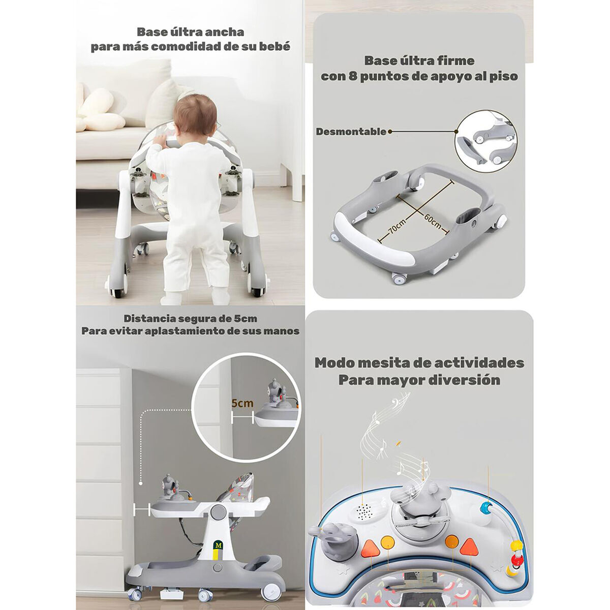 Andador Caminador 5 En 1 con Apoya Pies Lubabycas Gris